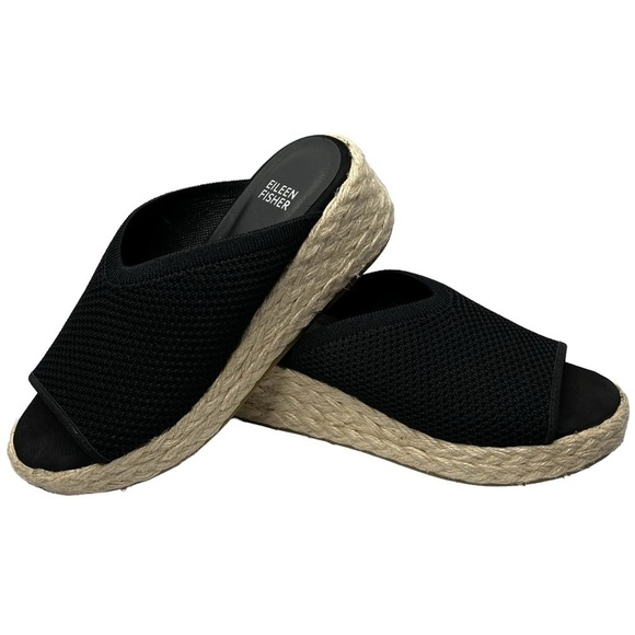 NWOT EILEEN FISHER Tali Platform Wedge Slip On Black Sandals Women's Siz… - Picture 1 of 16
